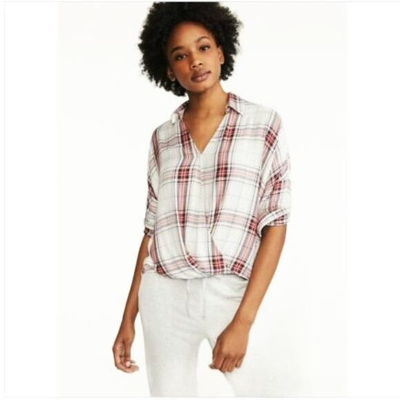 Lou and Grey Size XS V Neck Surplice Wrap Blouse Plaid White Red - Picture 2 of 11